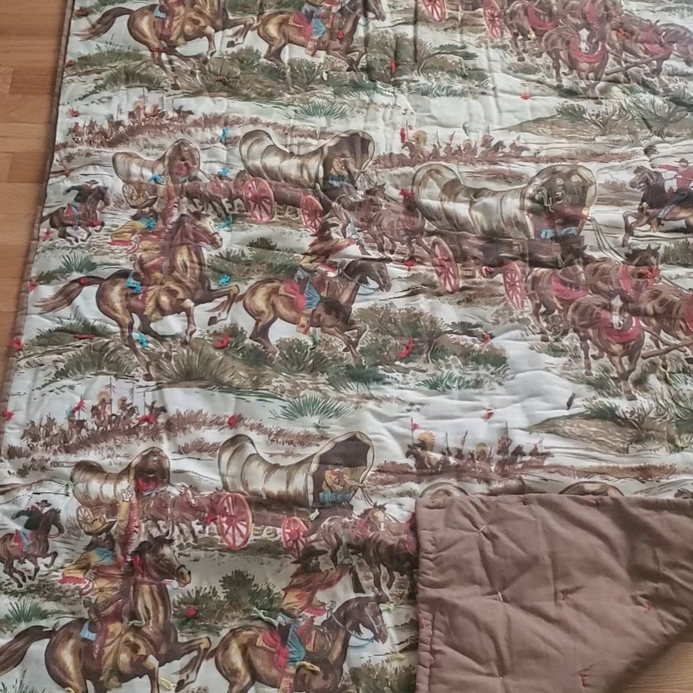Vintage  Western Cowboy Wagon Train Theme Handmade Quilt
